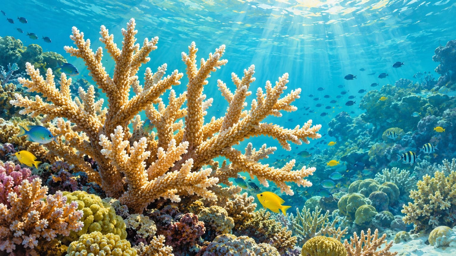 AI-generated editorial illustration of branching coral on a generic tropical reef; not an image of the reported catch or investigation.