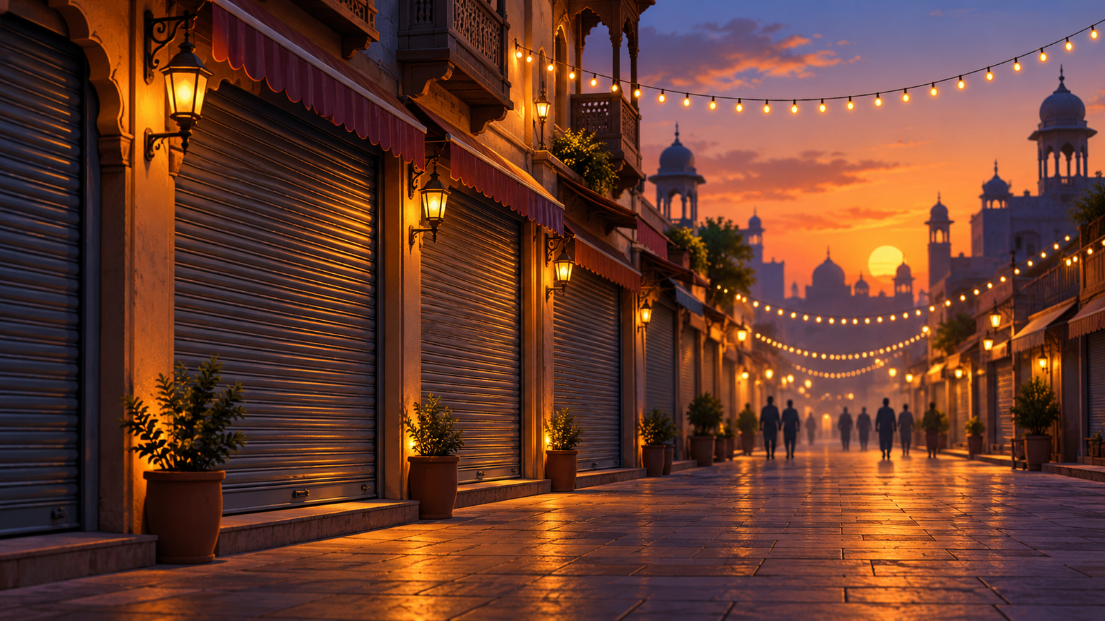 AI editorial illustration of a generic Punjabi market street with closed shop shutters at dusk