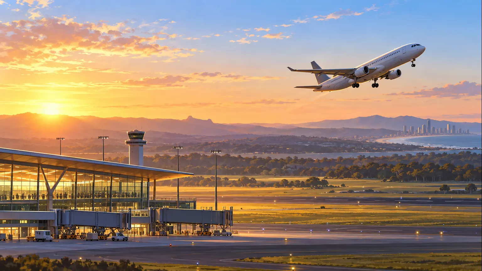 AI-generated conceptual illustration of an unbranded passenger jet leaving a generic airport at sunrise; not the actual Western Sydney flight