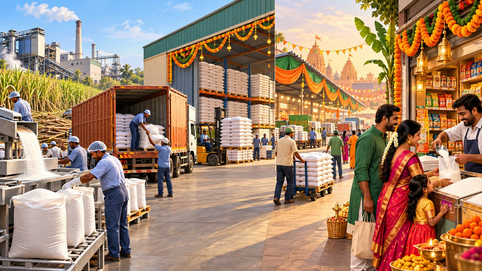 AI-generated editorial illustration of an orderly Indian sugar supply chain moving from mills and warehouses to shops during the festive season