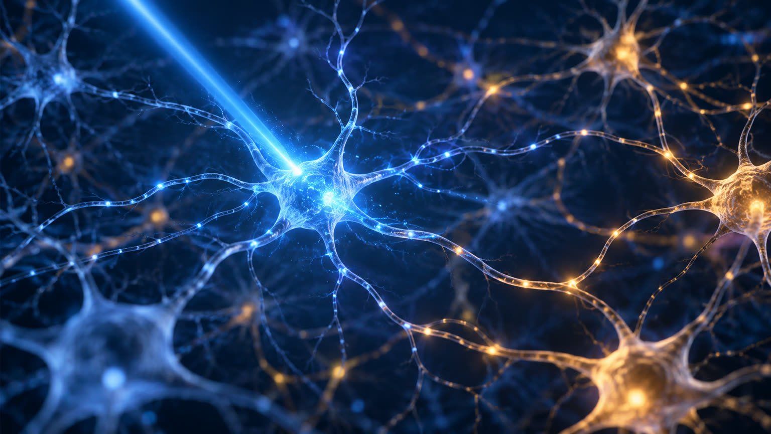 AI-generated editorial illustration of a blue light beam activating a conceptual network of nerve cells