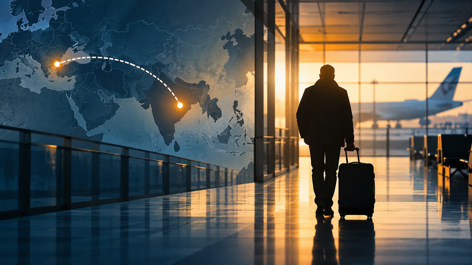 AI-generated conceptual editorial illustration of an anonymous traveler silhouette in an airport with an abstract route map; not a depiction of Navpreet Singh