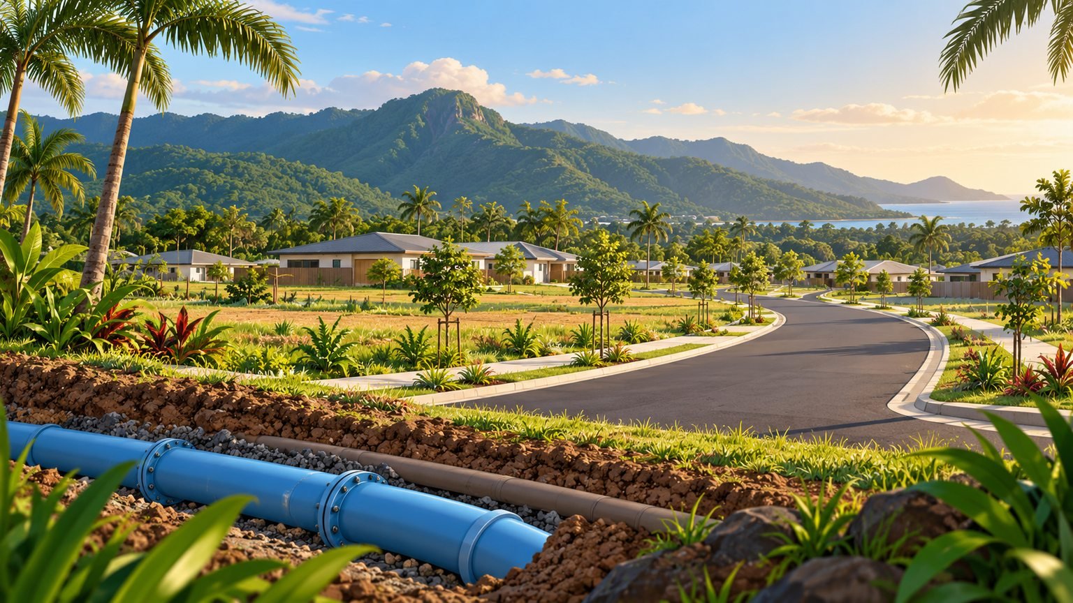 AI-generated conceptual illustration of a fictional tropical neighbourhood with a road and water pipes; not the Mount Peter site, an approved design or completed project