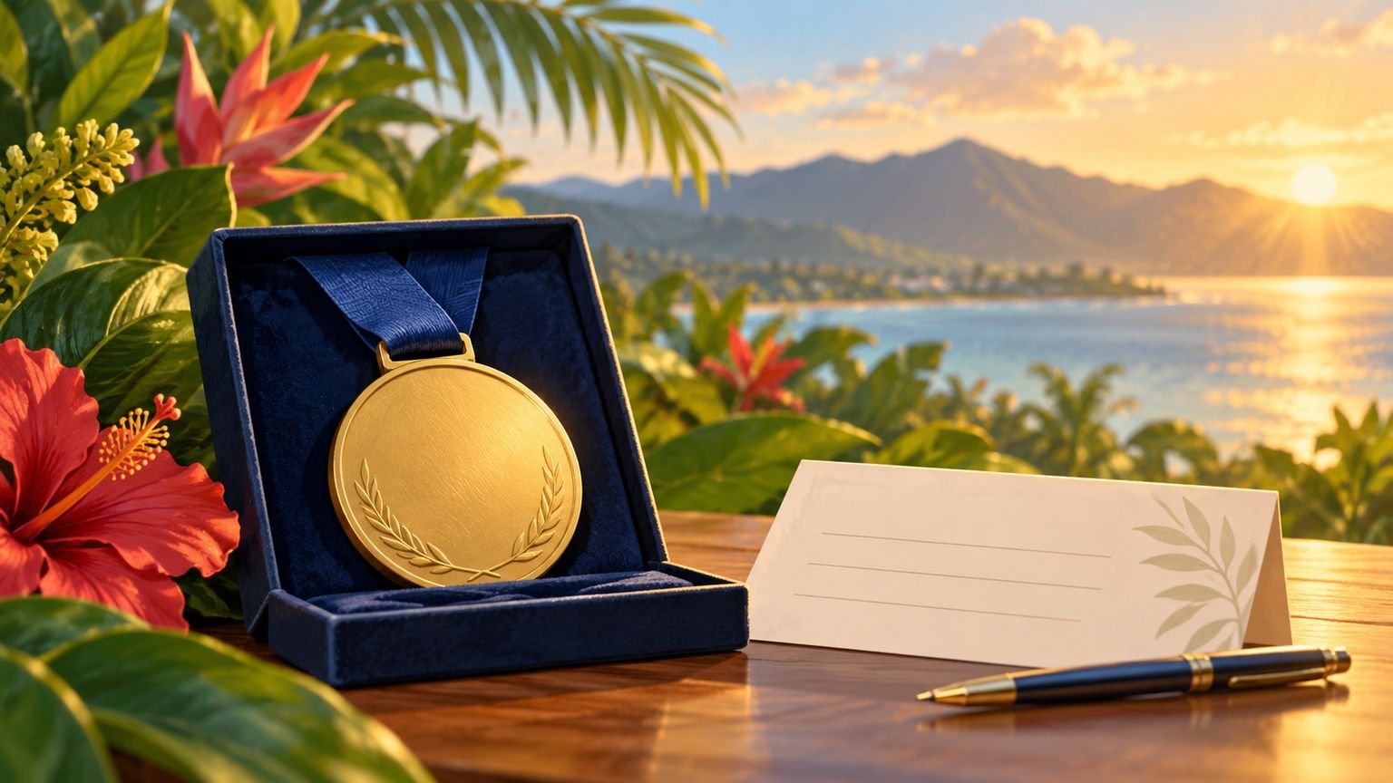 AI-generated conceptual illustration of an unbranded medal and blank nomination card against a tropical backdrop; not an official award image or depiction of a recipient