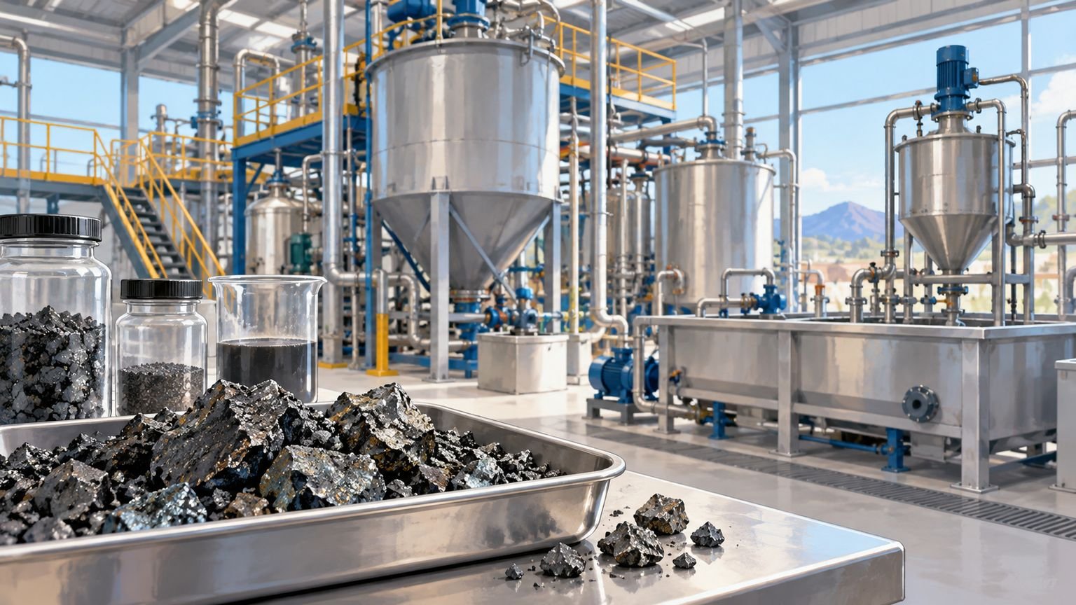 AI-generated conceptual illustration of generic mineral samples and industrial pilot-processing equipment; not a photograph of the Townsville facility