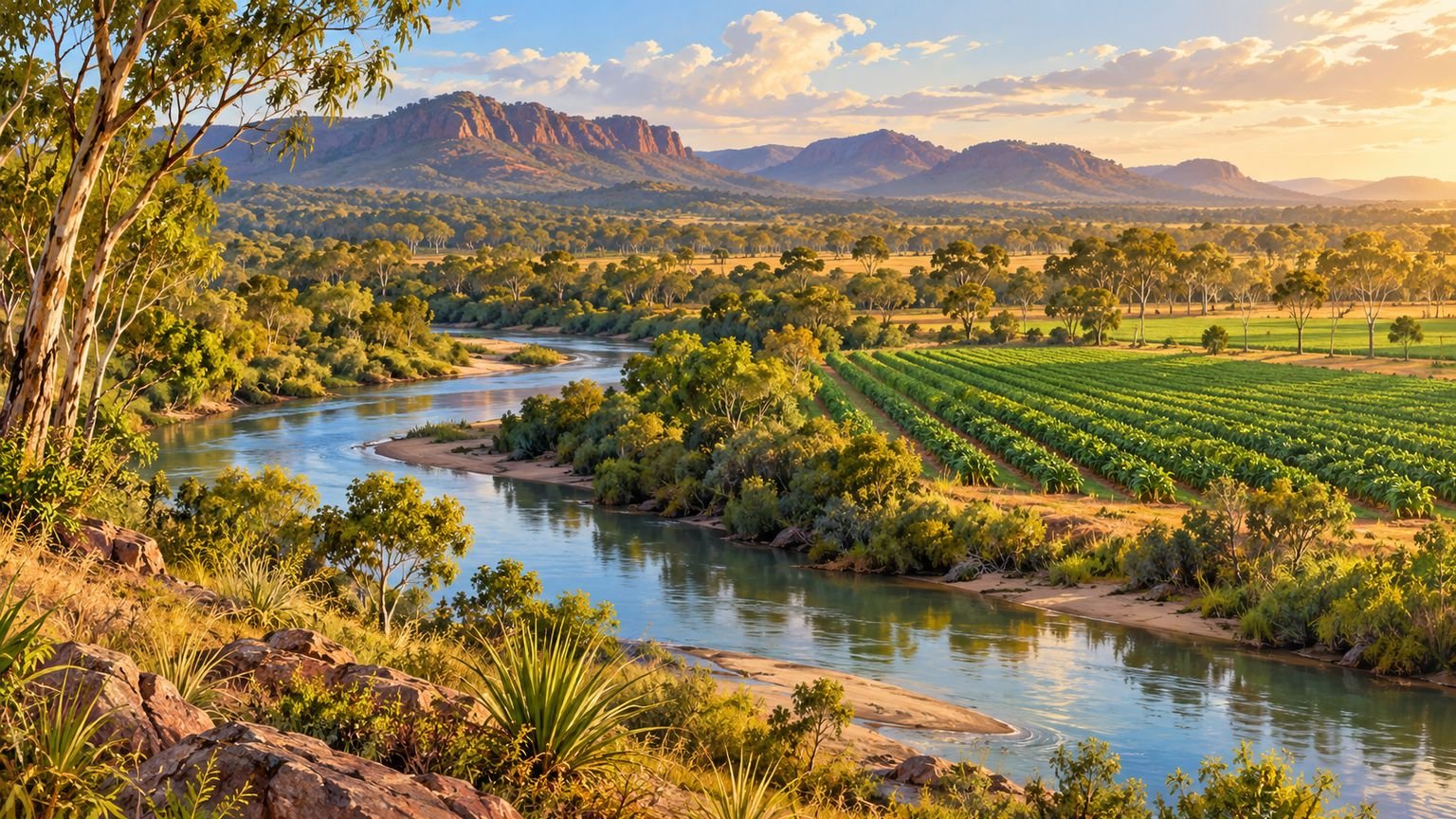 AI-generated editorial illustration of a generic watercourse and crop fields; not a photograph of Lakeland or an approved water project