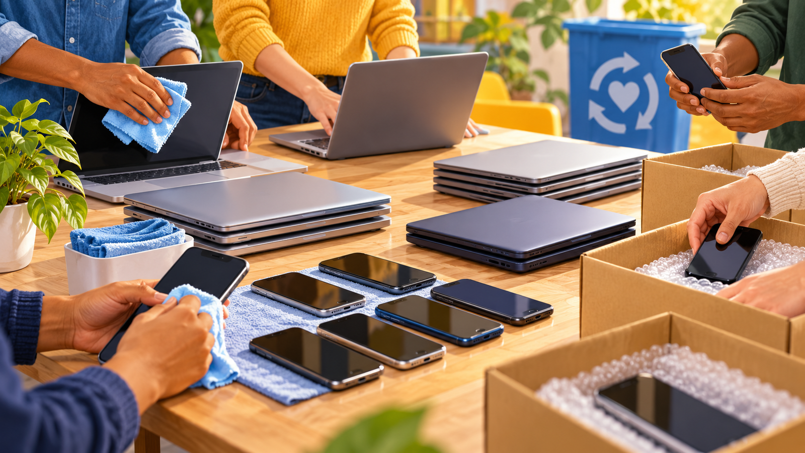 AI editorial illustration of unbranded laptops and phones being cleaned and packed for reuse