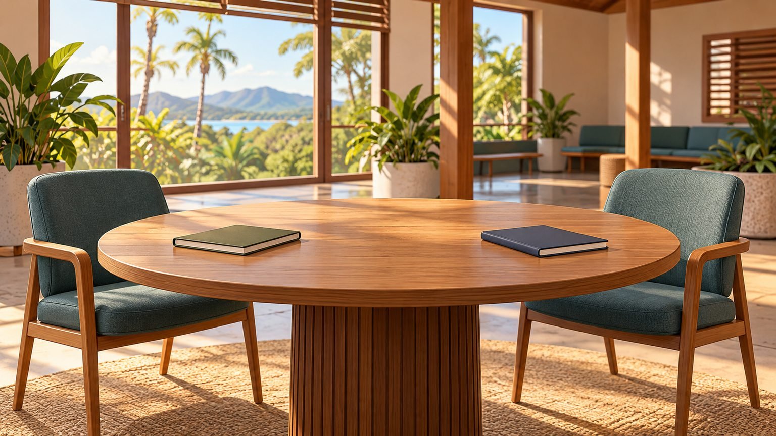 AI-generated conceptual illustration of an empty meeting table with two chairs in a fictional tropical community space; not the Family Responsibilities Commission or an actual meeting