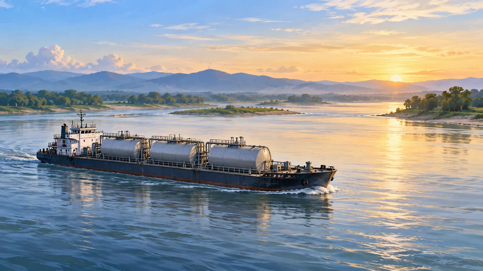 AI-generated editorial illustration of a generic cargo barge on a broad river; not the actual Bogibeel vessel or shipment