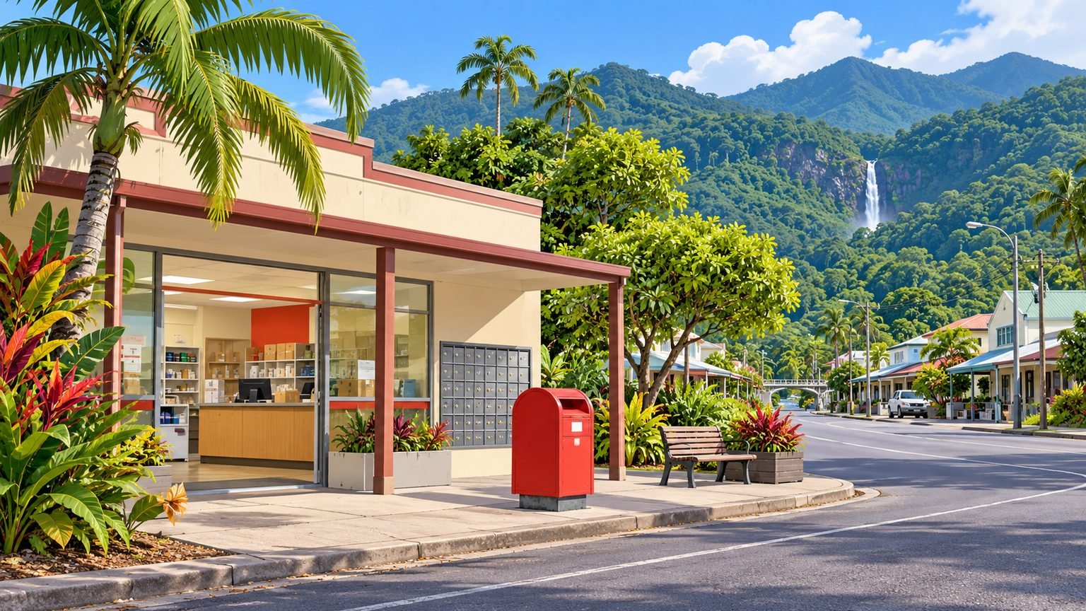 AI-generated editorial illustration of a generic tropical town postal counter and red mailbox; not the actual Babinda post office
