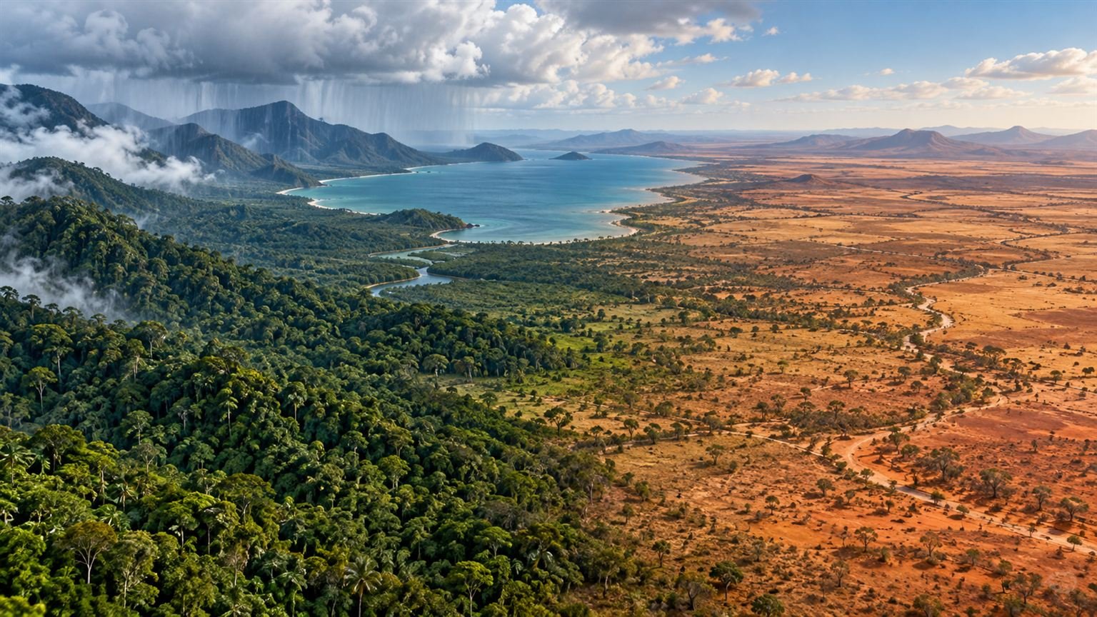 AI-generated editorial illustration of green tropical hills under rain clouds contrasting with a drier inland landscape; not a photograph of an actual event