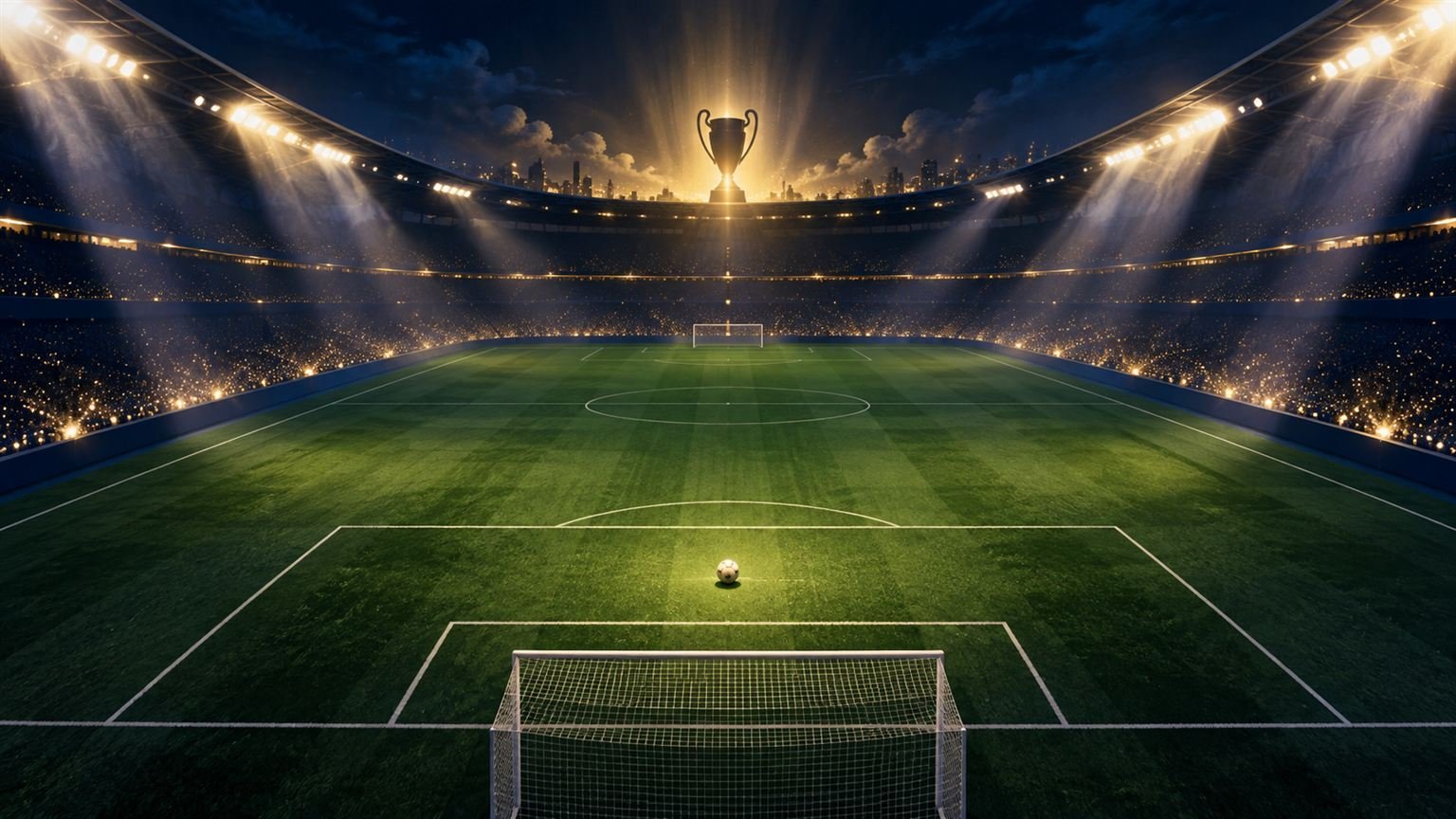 AI-generated conceptual illustration of an empty football stadium, ball and symbolic trophy; not the actual Australia Cup final