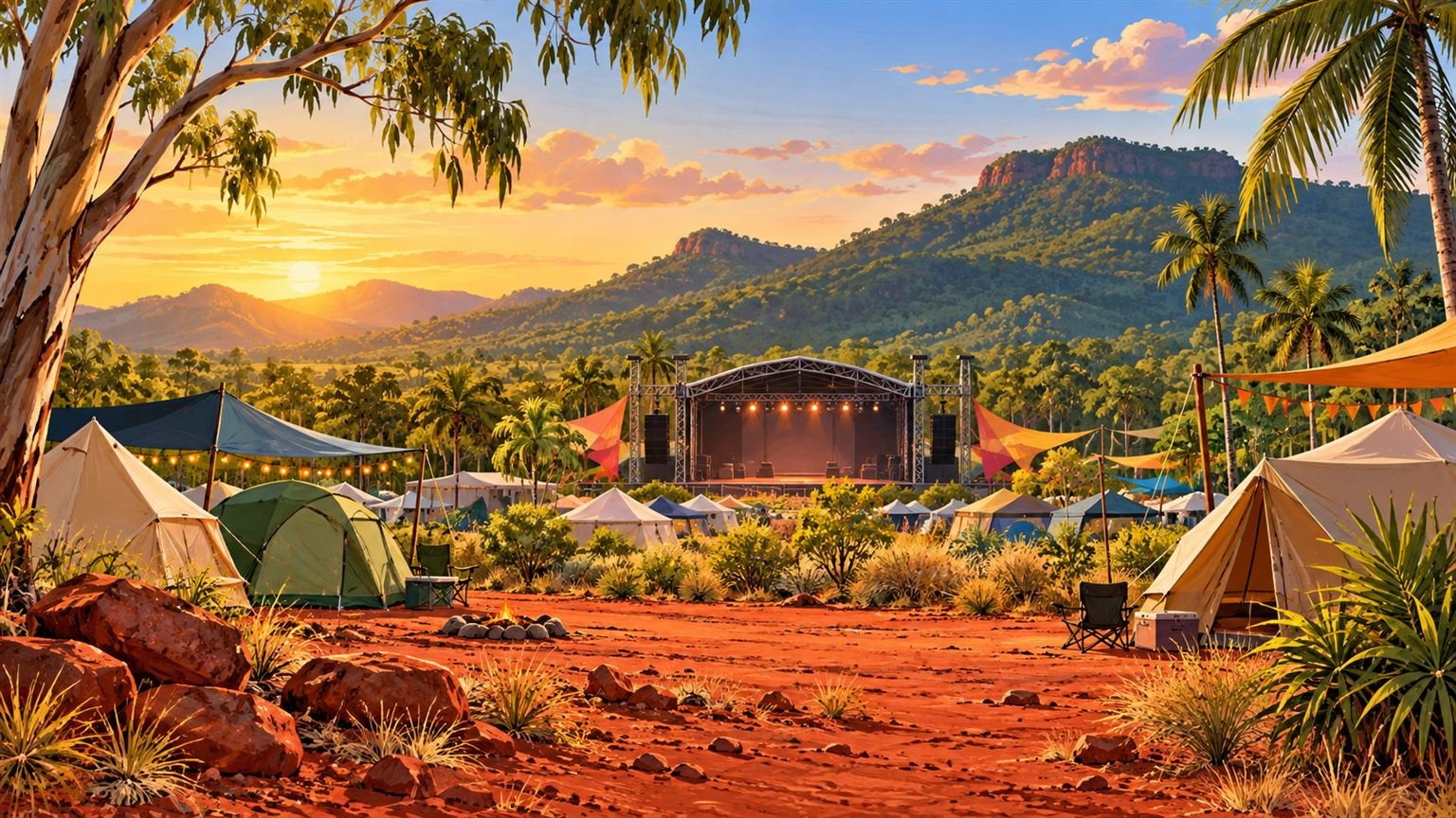 AI-generated illustration of a generic tropical-outback music festival site; not the actual Savannah in the Round event.
