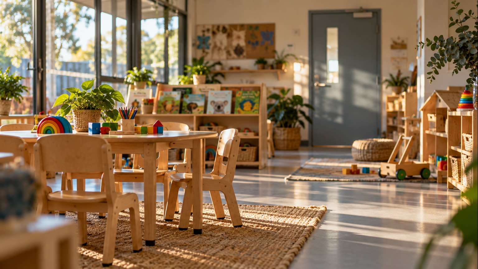 AI-generated conceptual editorial illustration of an empty, generic childcare classroom; not an affected Edge Early Learning centre