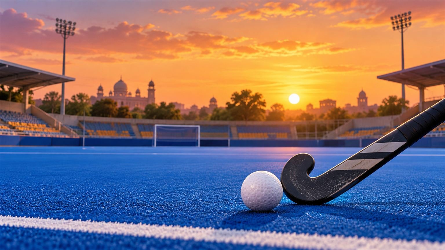 AI-generated editorial illustration of a field-hockey stick and ball on a generic blue pitch at sunset; not either Punjab tournament venue.