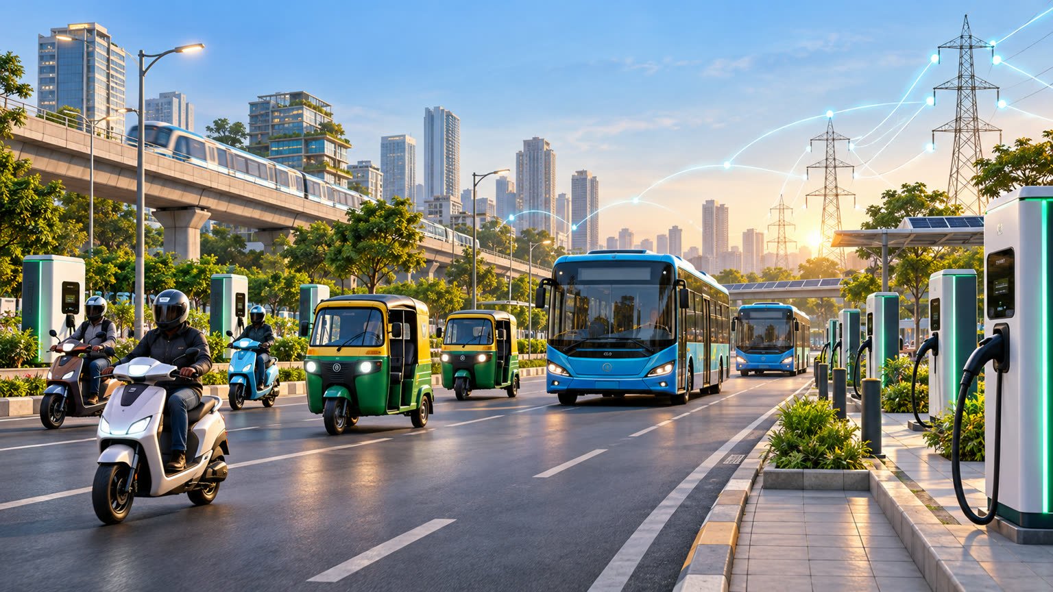 AI-generated editorial illustration of an Indian electric mobility network with two-wheelers, three-wheelers, buses and public chargers