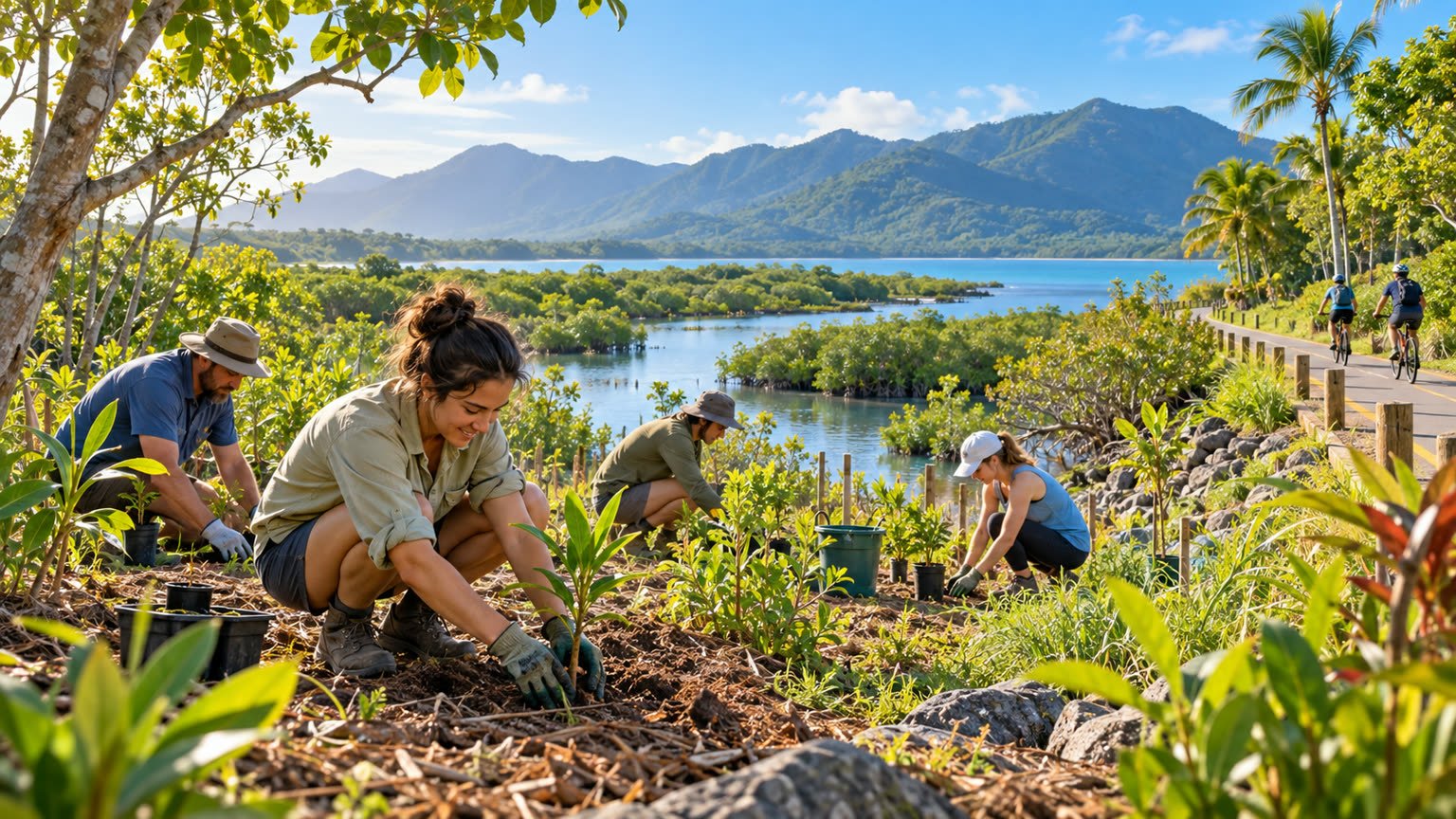 AI-generated editorial illustration of fictional volunteers planting native trees beside a tropical Cairns wetland and bike path
