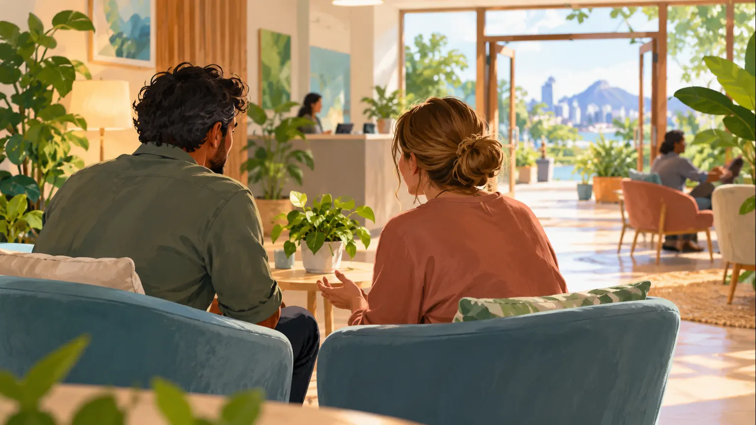 AI-generated illustration of two anonymous adults talking in a generic support centre; not a real Queensland patient or facility