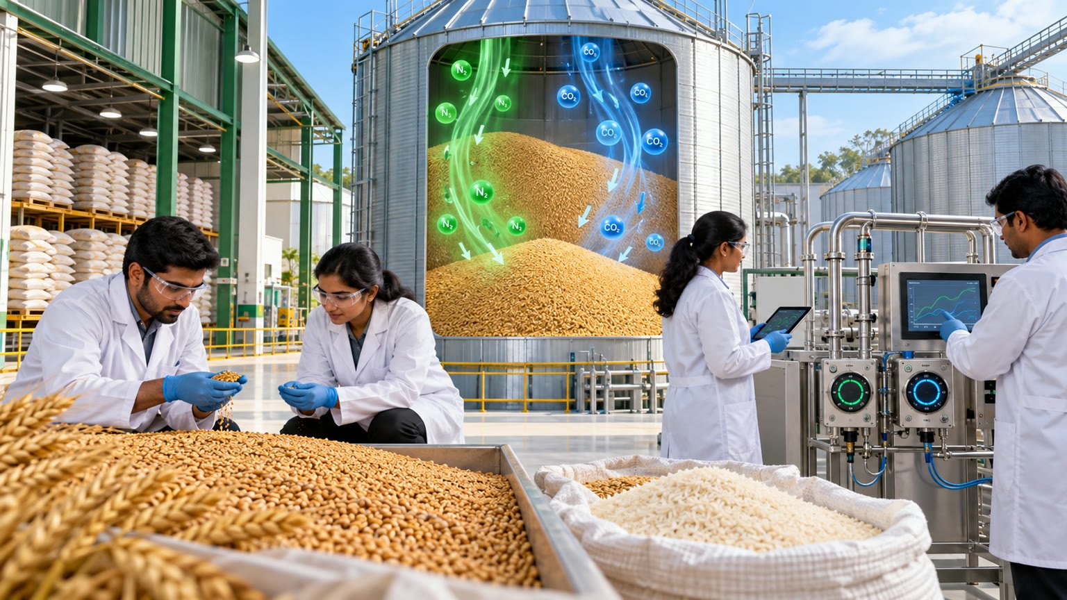 AI-generated editorial illustration of fictional Indian agricultural scientists testing safer wheat and rice storage systems