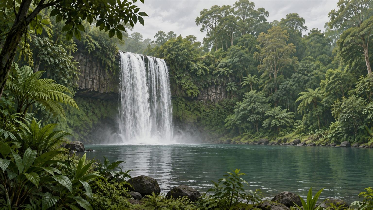 AI-generated conceptual illustration of a generic tropical waterfall; not Millaa Millaa Falls or the incident