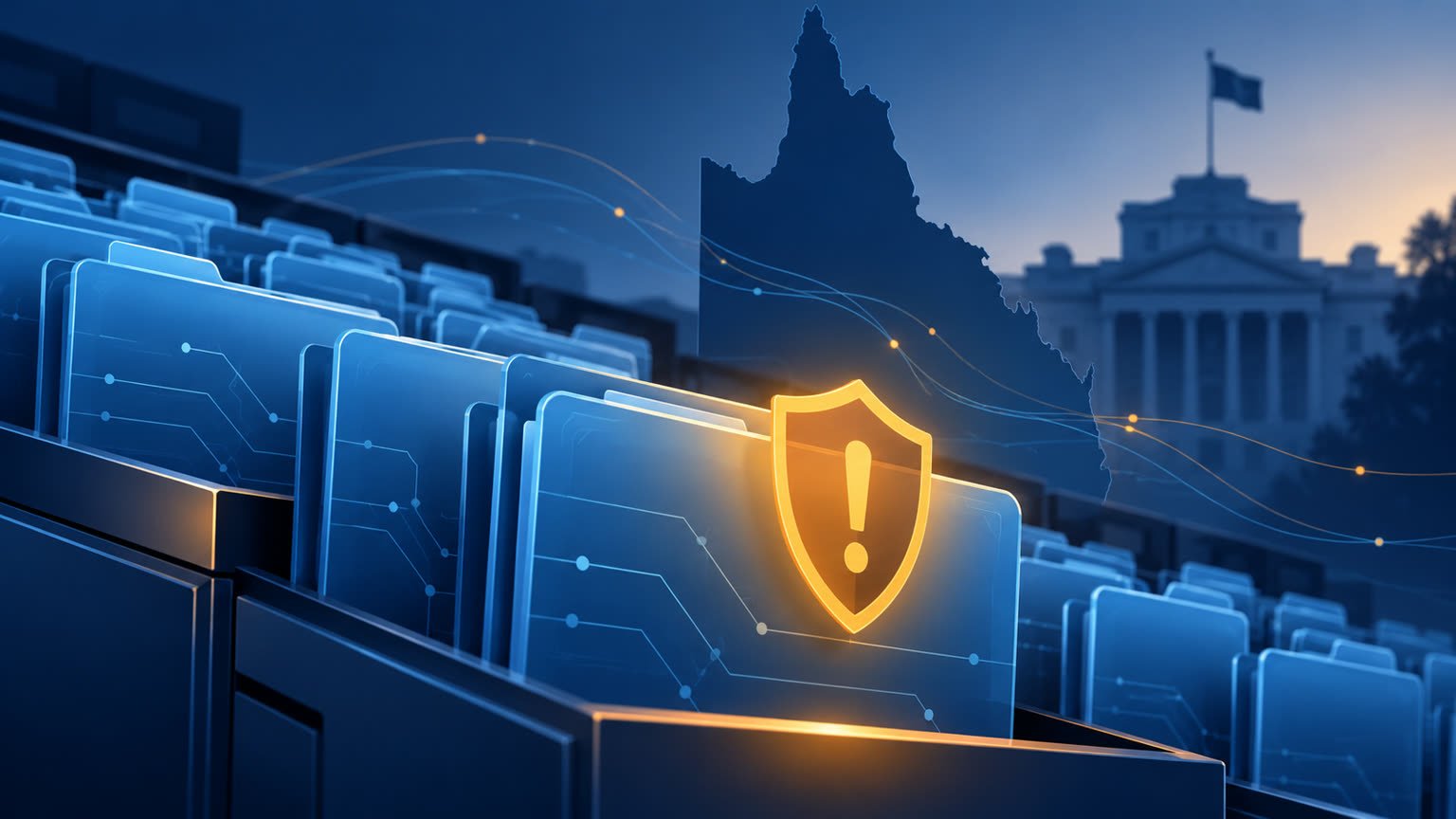 AI-generated conceptual illustration of digital files and a privacy alert against a generic Queensland backdrop