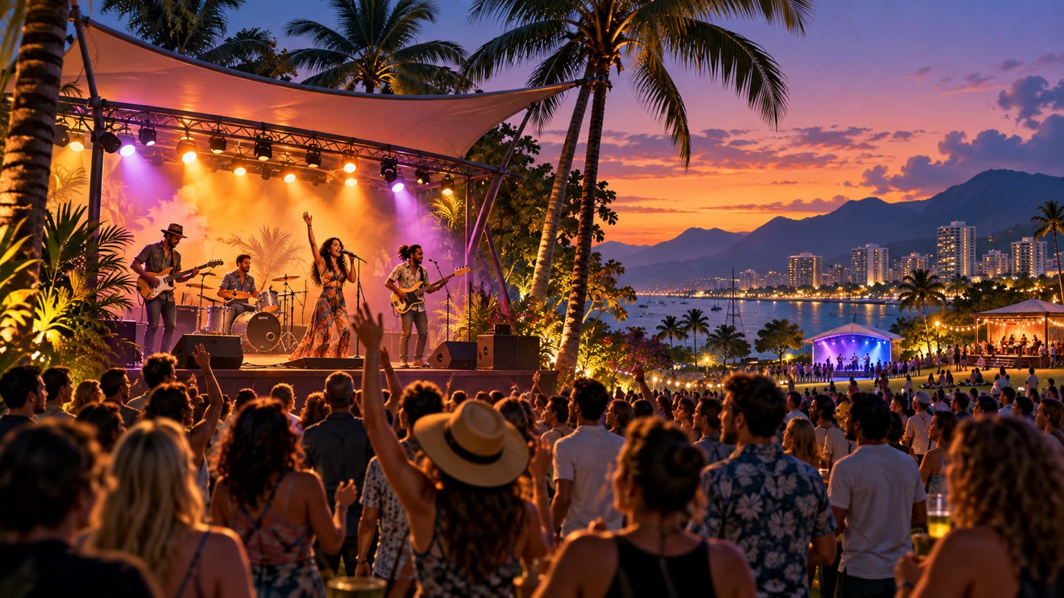 AI-generated editorial illustration of fictional musicians performing at an outdoor tropical Cairns concert at dusk