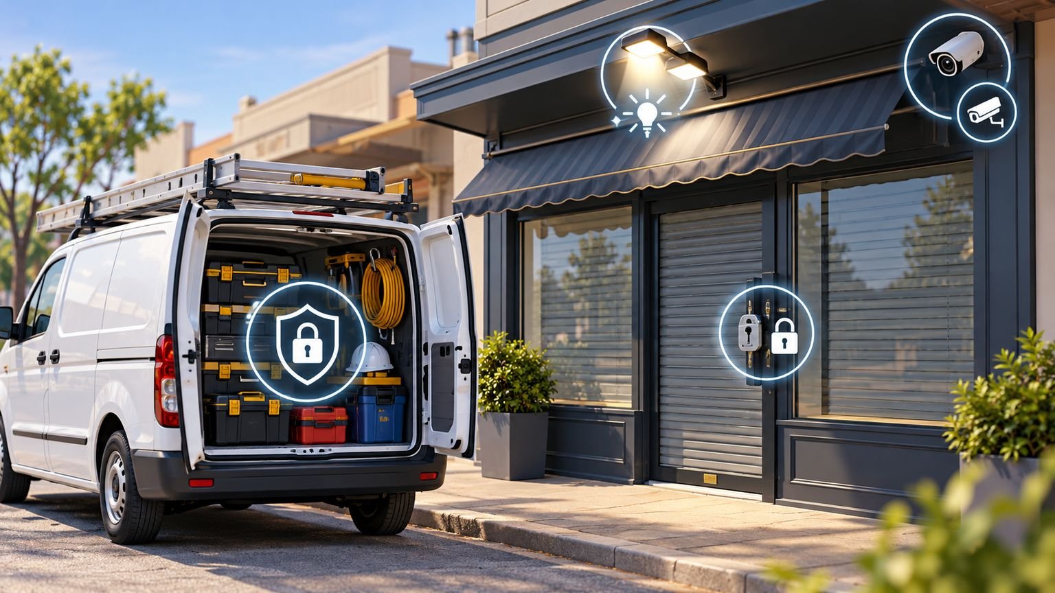 AI-generated conceptual illustration of a generic work van and shopfront with security symbols; not a real grant recipient or funded site