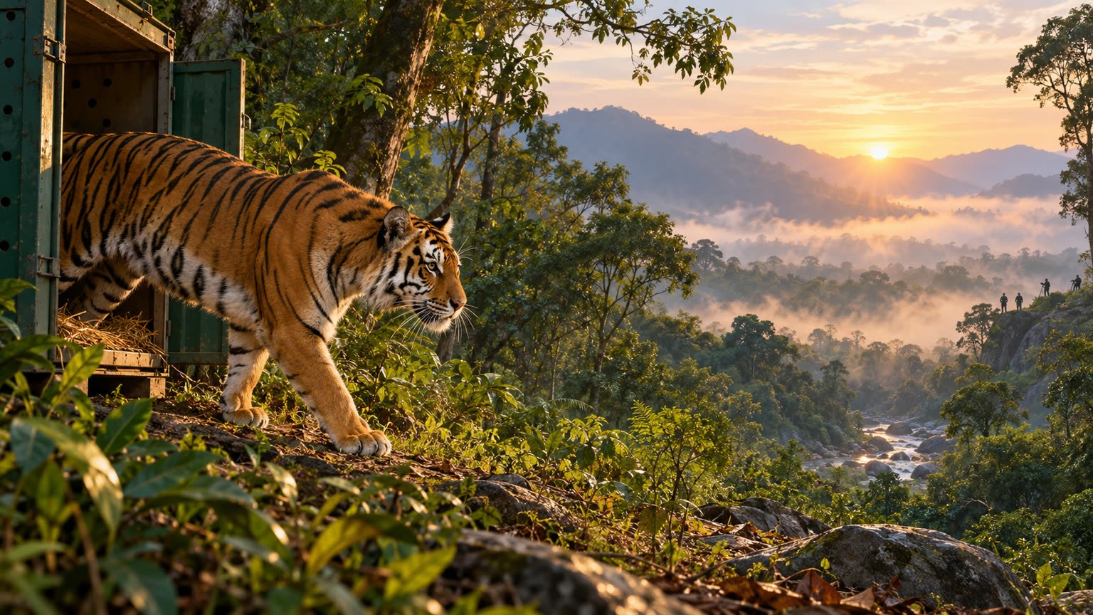 AI-generated editorial illustration of a Bengal tigress entering a protected eastern Himalayan forest during a conceptual reintroduction scene