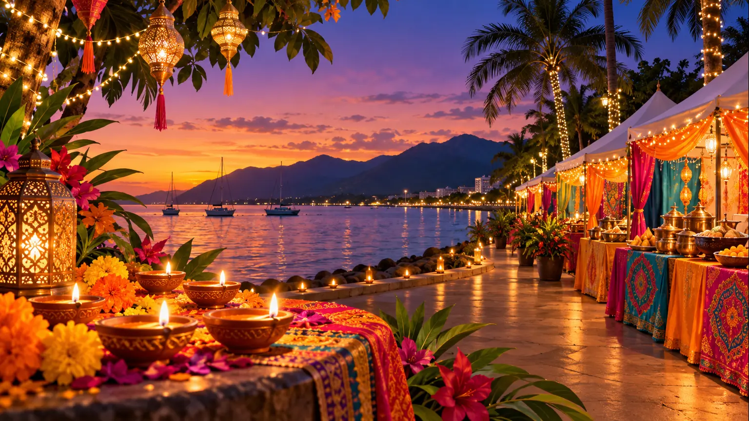 AI-generated editorial illustration of Diwali lights and food stalls on a tropical waterfront; not a photograph of the Cairns event