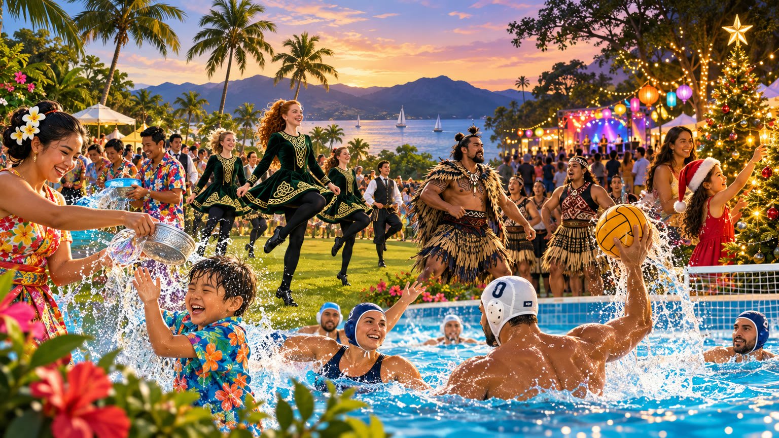 AI-generated editorial illustration of fictional community members taking part in cultural, sporting and festive events in tropical Cairns