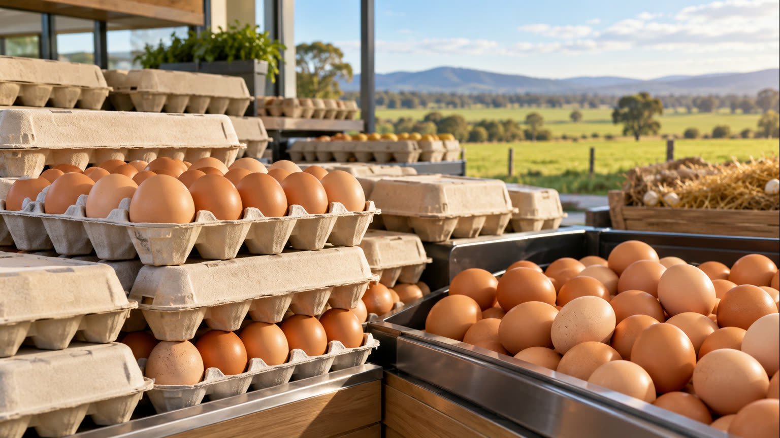 AI-generated editorial illustration of unbranded eggs and cartons in a generic Australian farm-store setting; not any company or case evidence