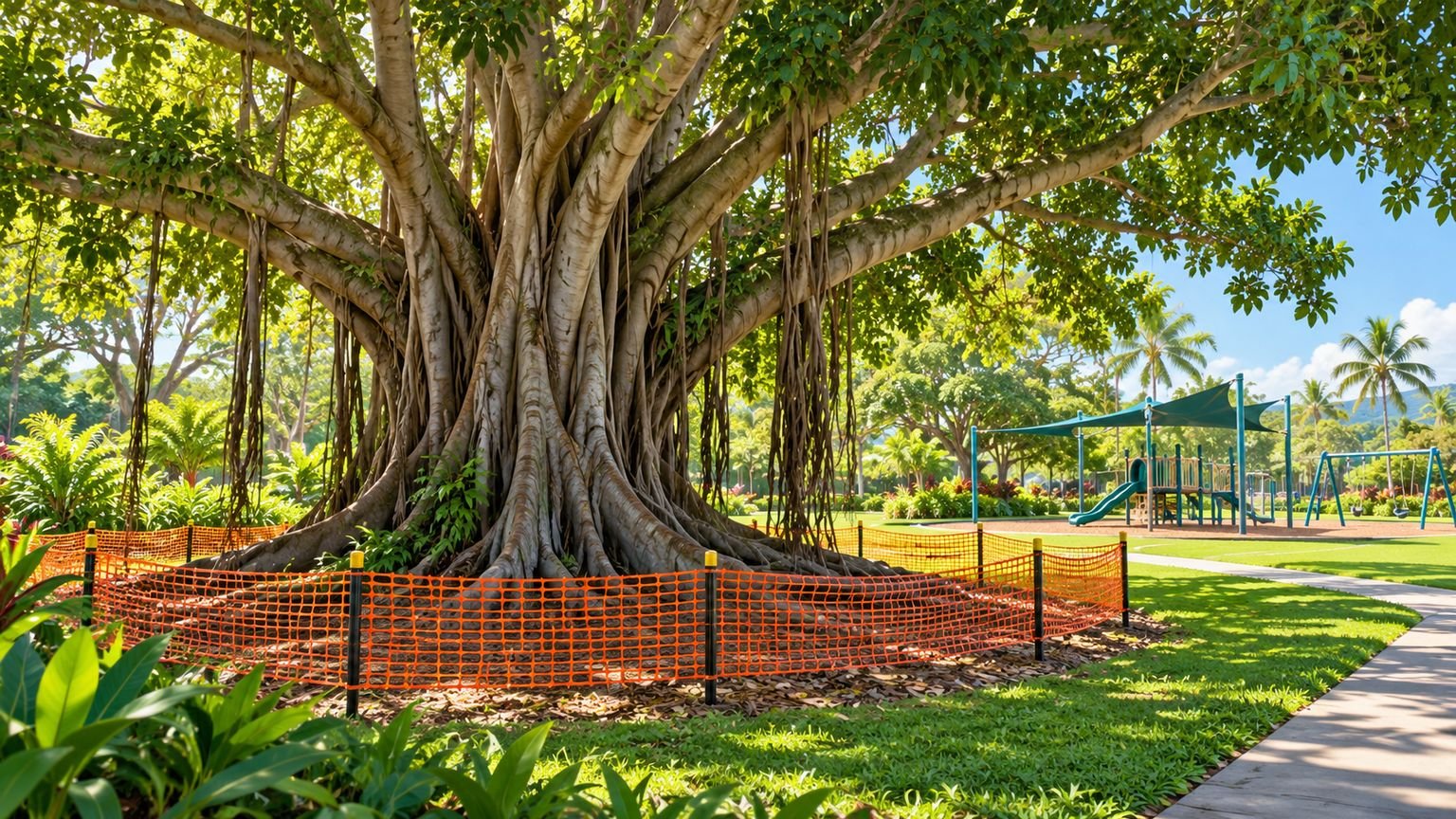 AI-generated conceptual illustration of a mature fig tree beside an empty playground and safety barrier; not the actual Rex Smeal Park tree or evidence of its condition.