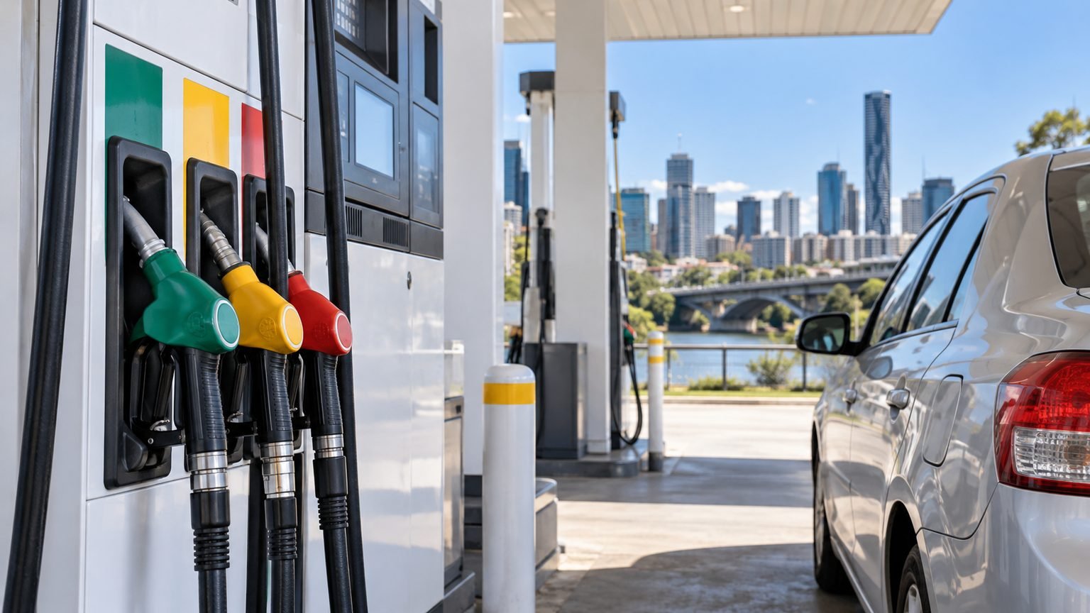 AI-generated editorial illustration of generic unbranded fuel pumps and a car near a city; no real station or live price shown