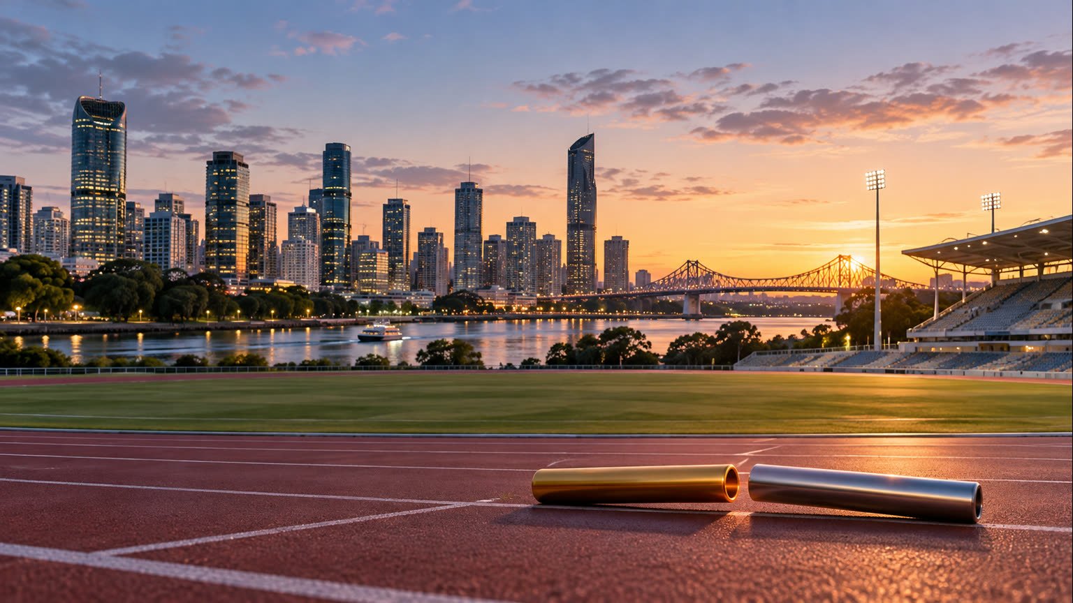 AI-generated conceptual editorial illustration of a generic Brisbane-style riverfront skyline and athletics venue at dusk; not an actual 2032 venue