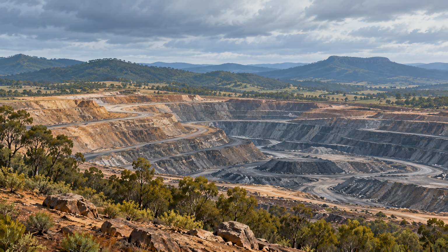 AI-generated generic editorial illustration of an open-cut mine landscape; not a photograph of the Mount Pleasant mine.