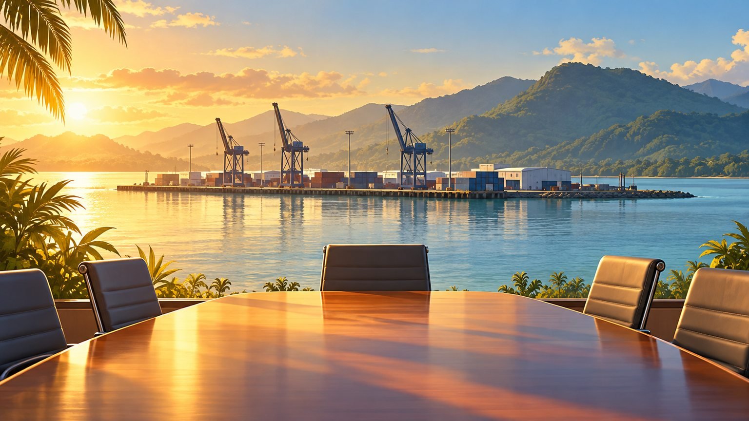 AI-generated conceptual illustration of a fictional tropical commercial port and empty boardroom table; not Ports North or an actual meeting