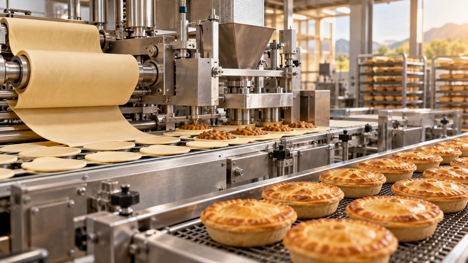 AI-generated editorial illustration of a generic unbranded pastry production line; not the Outback Pie Co factory