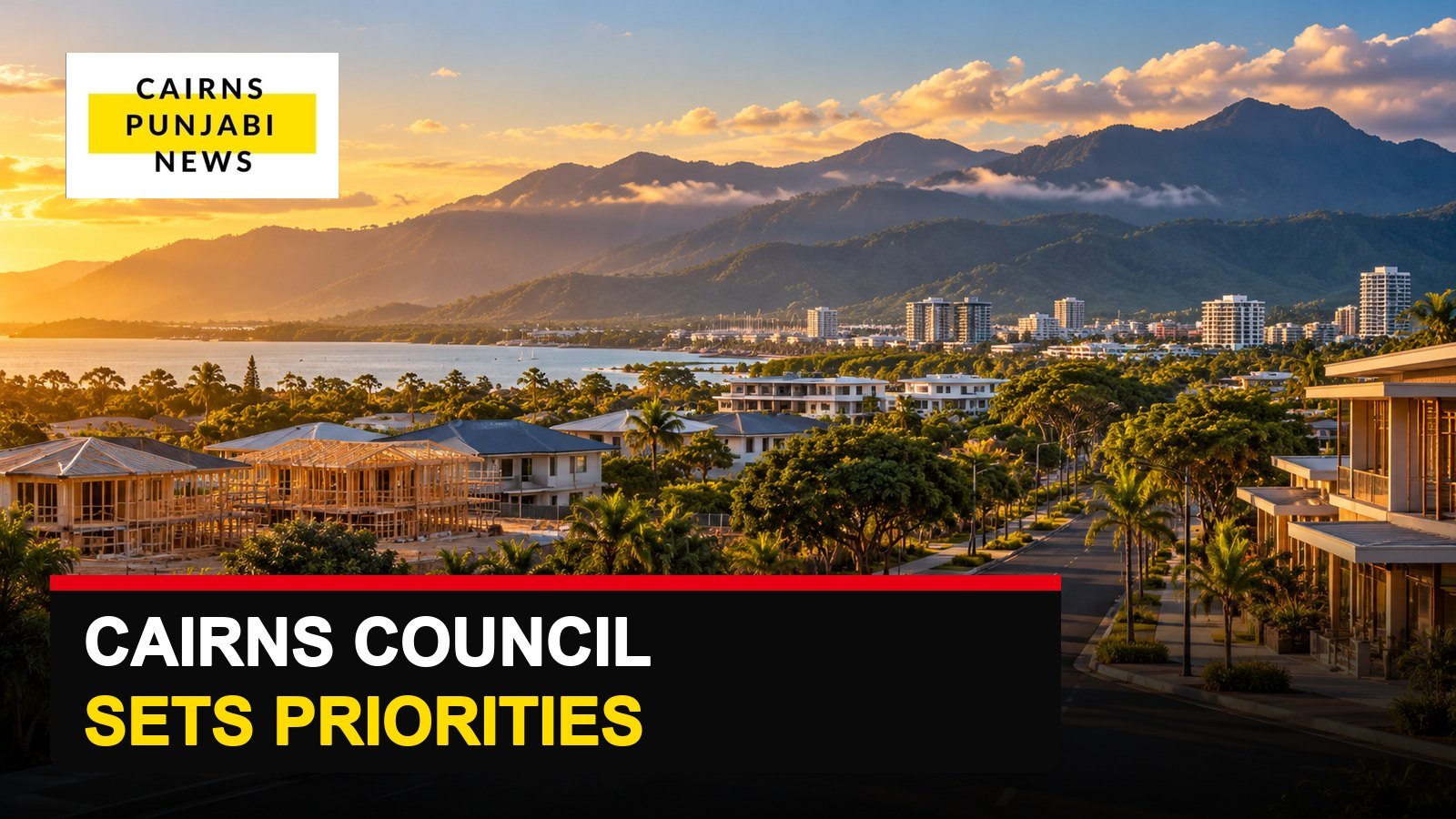 AI-generated conceptual tropical city and housing construction with the original Cairns Punjabi News logo and “Cairns Council Sets Priorities” headline; not a photo of the council meeting.