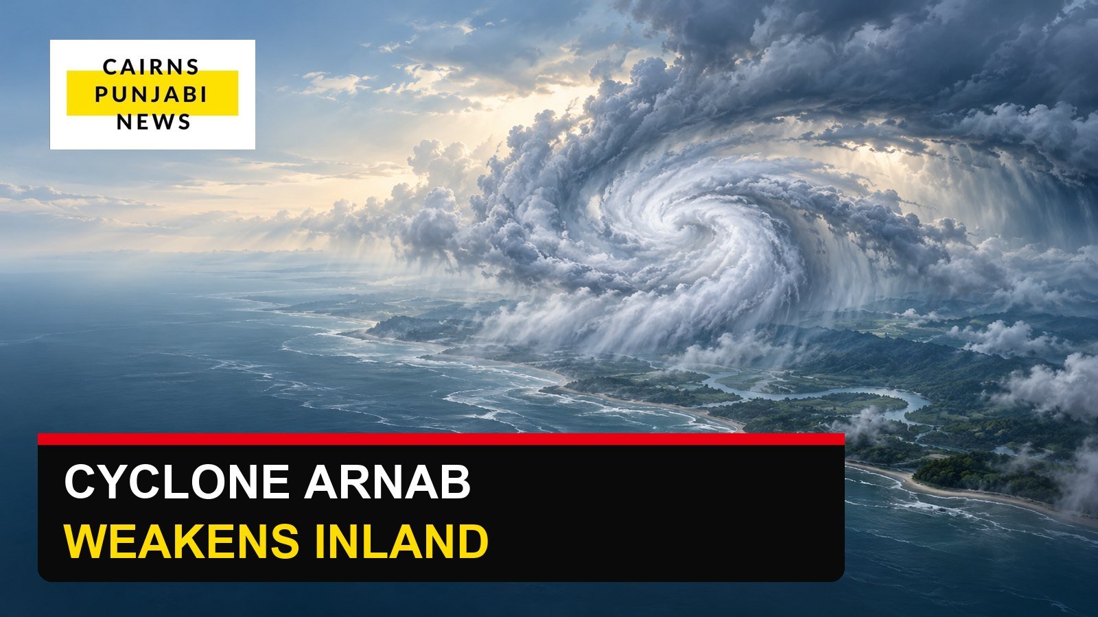AI-generated conceptual cyclone over a generic coast, with the original Cairns Punjabi News logo and “Cyclone Arnab Weakens Inland” headline; not an image of the actual storm.