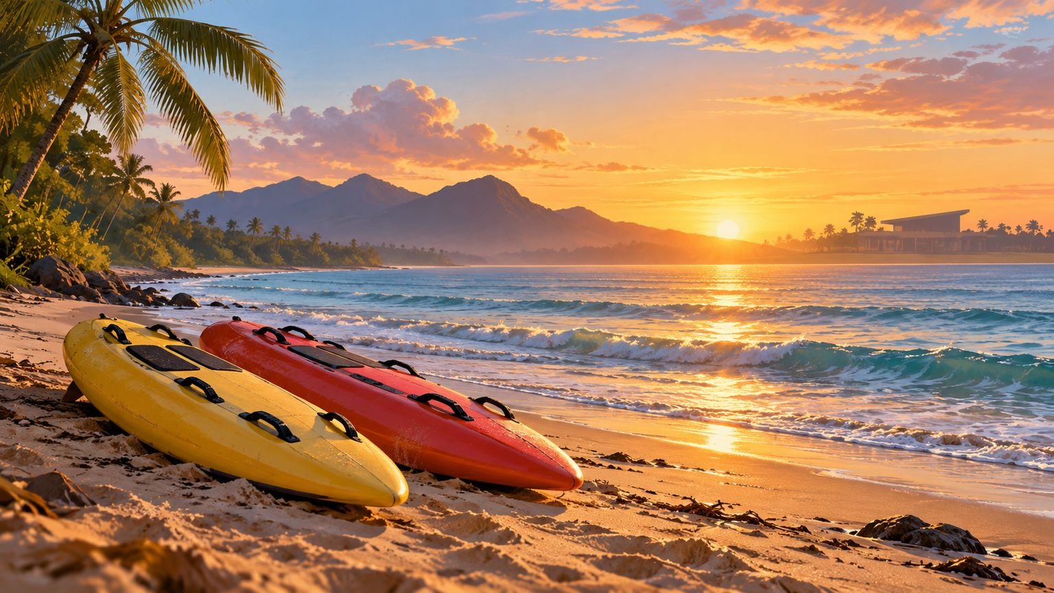 AI-generated editorial illustration of generic surf rescue boards on an empty tropical beach; not a photograph of Palm Cove or the club