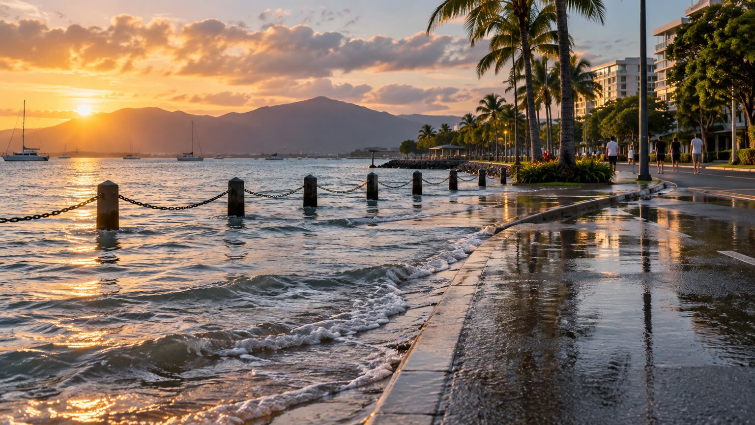 AI-generated conceptual editorial illustration of elevated coastal water beside a generic tropical city road at dusk