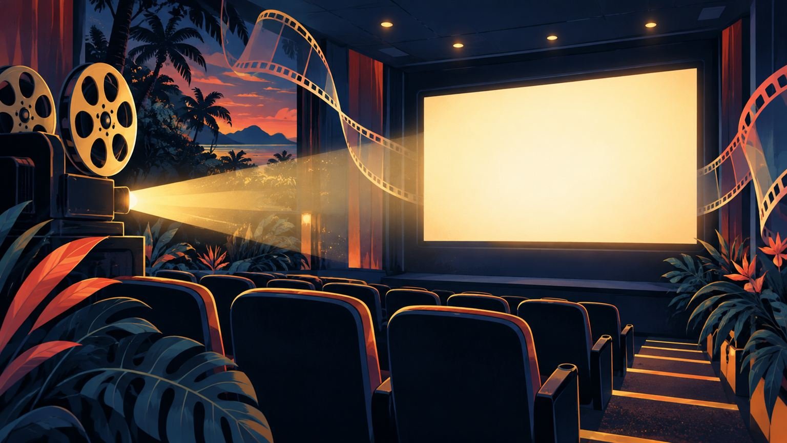 AI-generated illustration of a generic cinema screening room with a blank screen; not the Understory High venue or films.