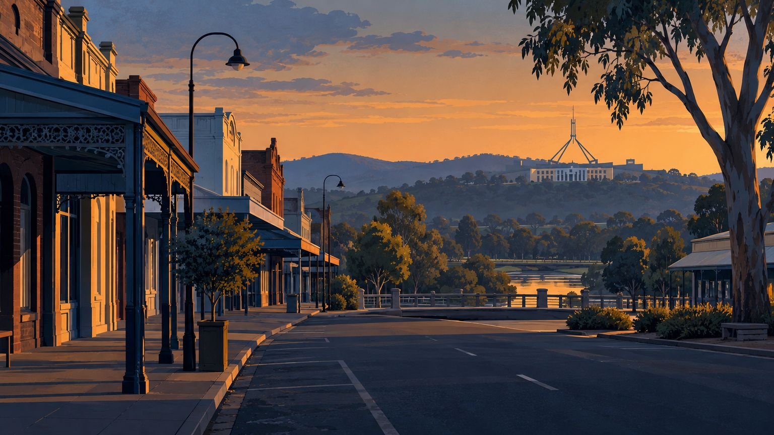 AI-generated symbolic illustration of an empty Australian regional streetscape with a distant civic building; not Wangaratta or the reported incident