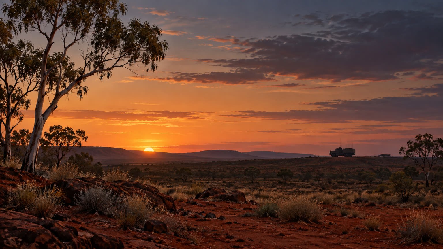 AI-generated editorial illustration of an empty Australian outback landscape at sunset with a distant generic vehicle; not the Mount Bundey accident scene.