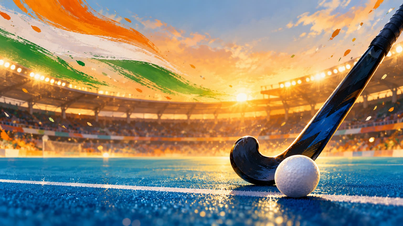 AI-generated editorial illustration of a field hockey stick and ball on blue turf; not a photograph of the Asian Games final