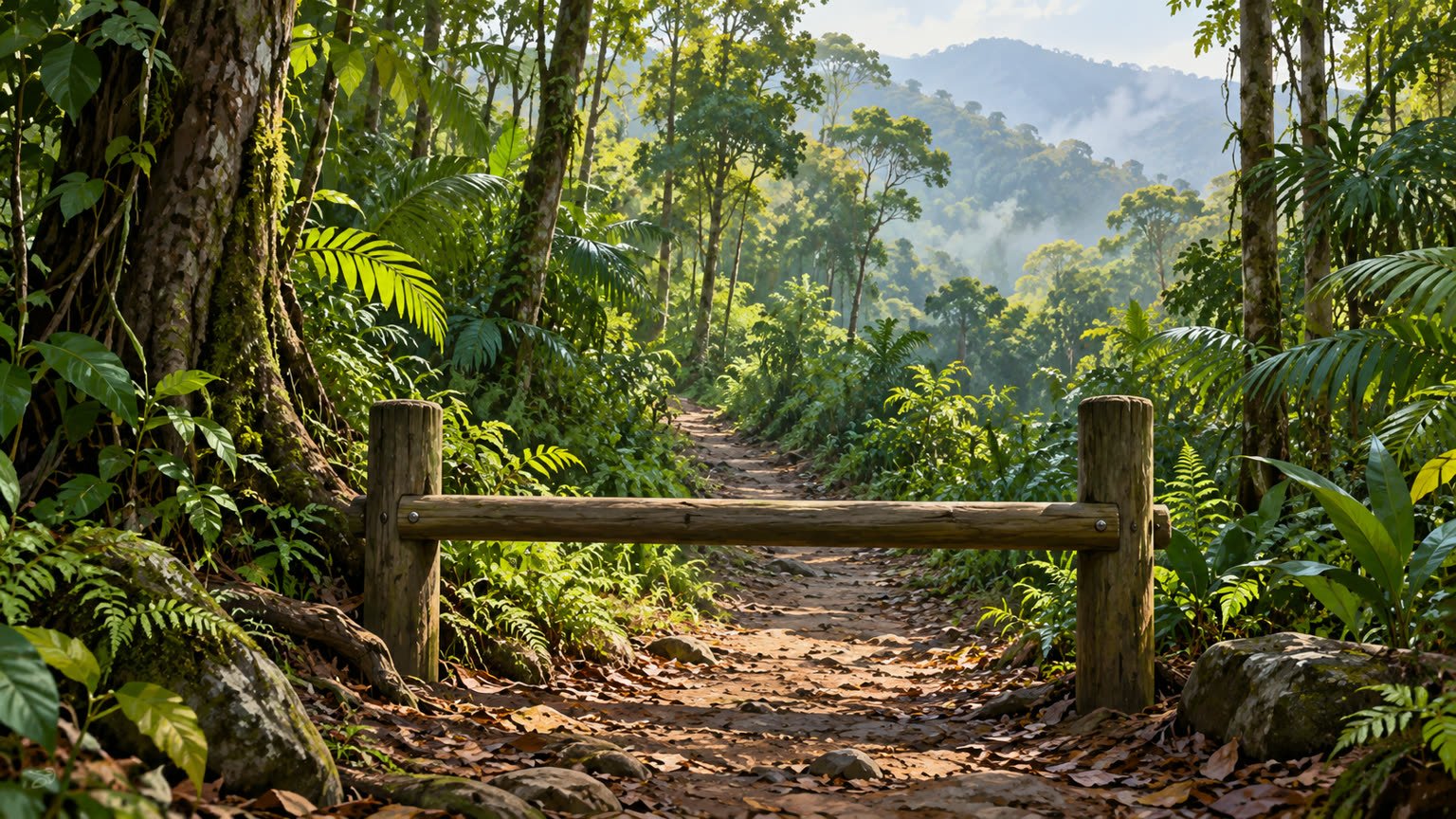 AI-generated generic illustration of a barrier across a rainforest trail; not a photograph of the Mount Tyson walking track.