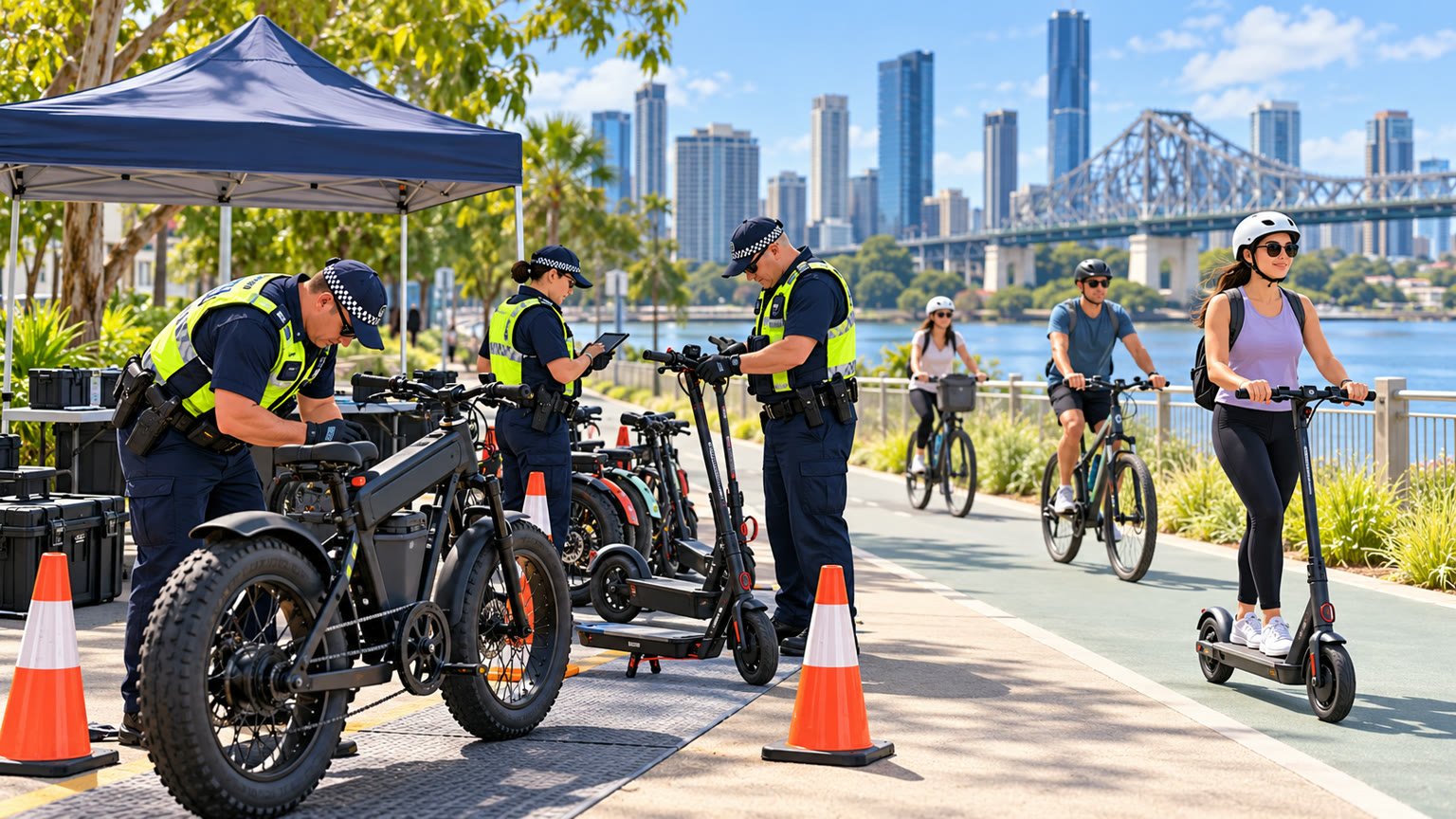 AI-generated editorial illustration of fictional Queensland officers inspecting non-compliant e-bikes and e-scooters beside a shared pathway