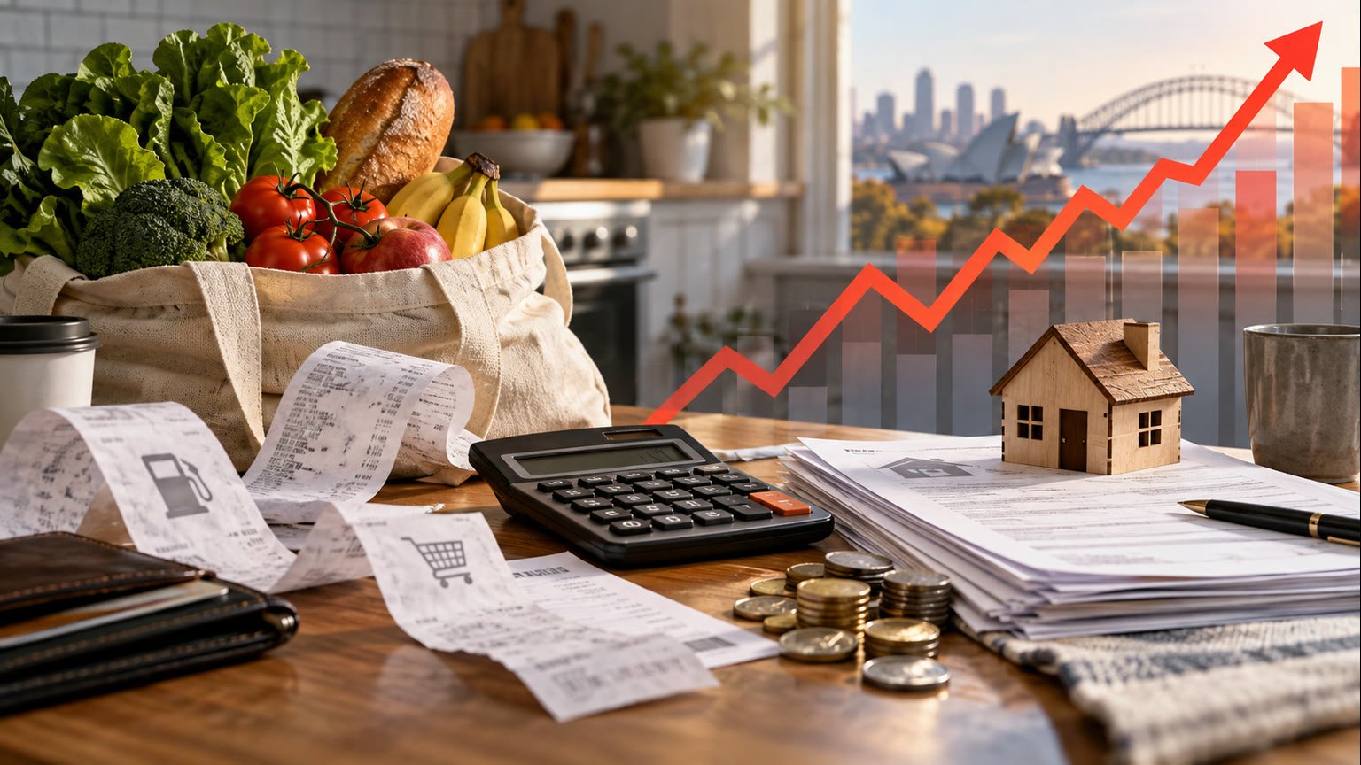 AI-generated editorial illustration of Australian household groceries, bills, a calculator and an upward cost chart