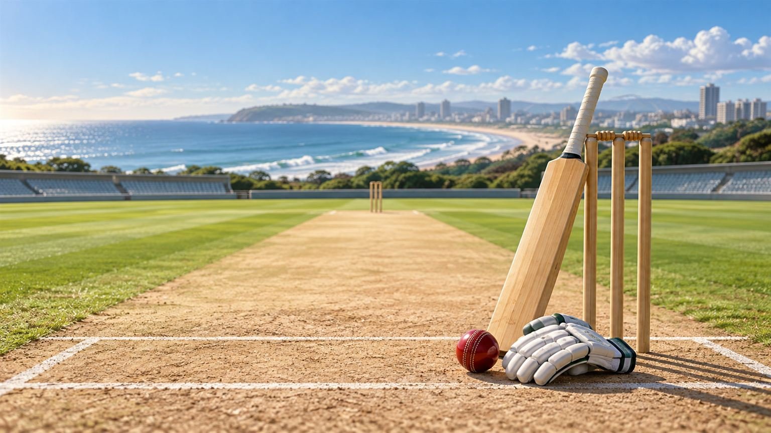 AI-generated generic illustration of a cricket bat, gloves and ball beside an empty pitch; not a photograph of Matt Renshaw or the Durban Test