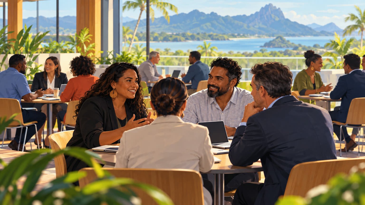 AI-generated editorial illustration of fictional First Nations business owners and buyers meeting at a generic Queensland networking venue